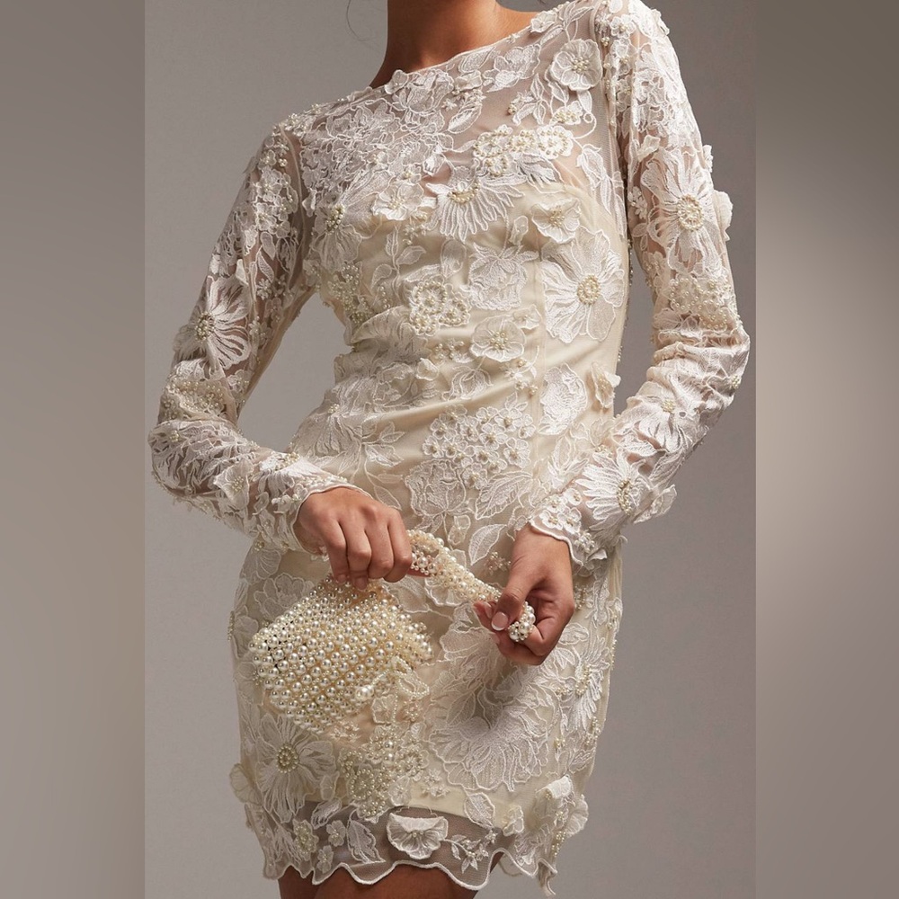 ASOS DESIGN long sleeve embroidered mini wedding dress in cream